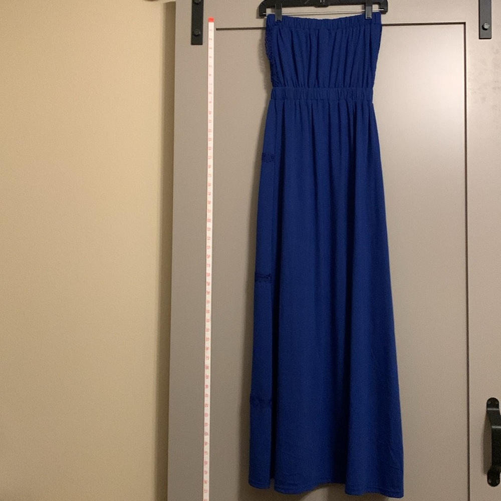 Shinestar Royal Blue Bohemian Eyelet Lace Strapless Lined Maxi Dress Size Small - Picture 6 of 6